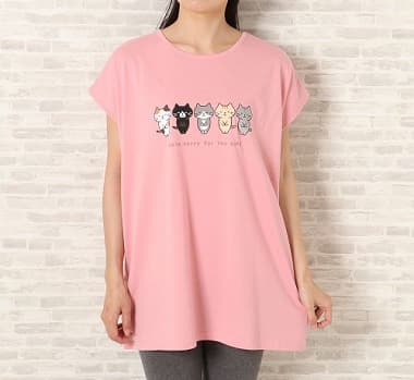 FukuFukuNyanko イラストボックスTシャツ ピンク